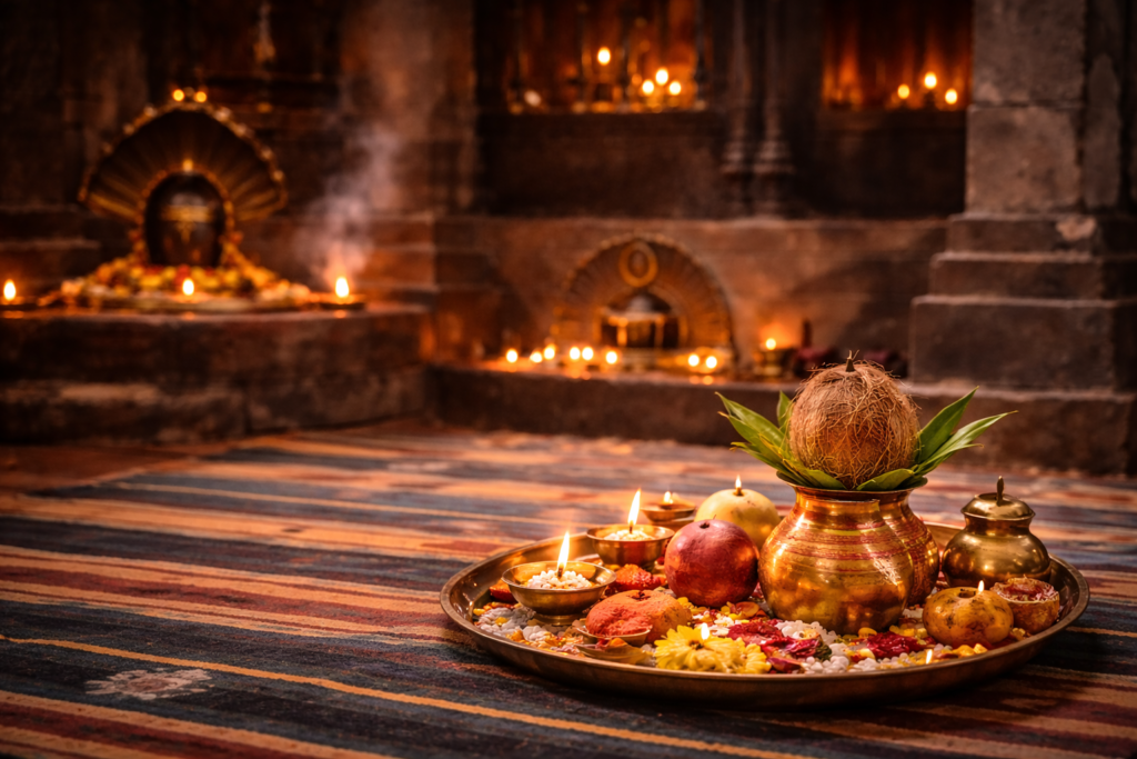 vedic puja guidance trimbakeshwar temple kalash diya setup for spiritual rituals