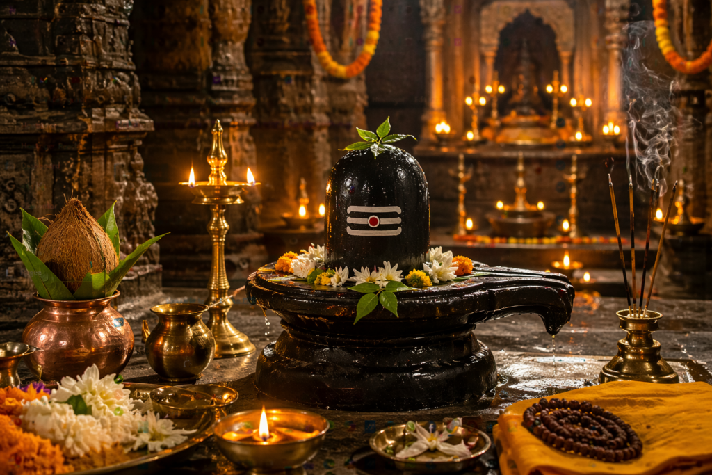 Mahamrityunjay Jaap in Trimbakeshwar temple with Shiva Lingam and puja setup
