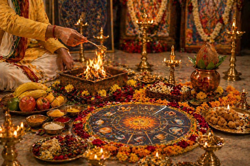 Grah Shanti Pooja havan ritual with Navgrah mandal, kalash, and pandit performing Vedic puja for planetary peace