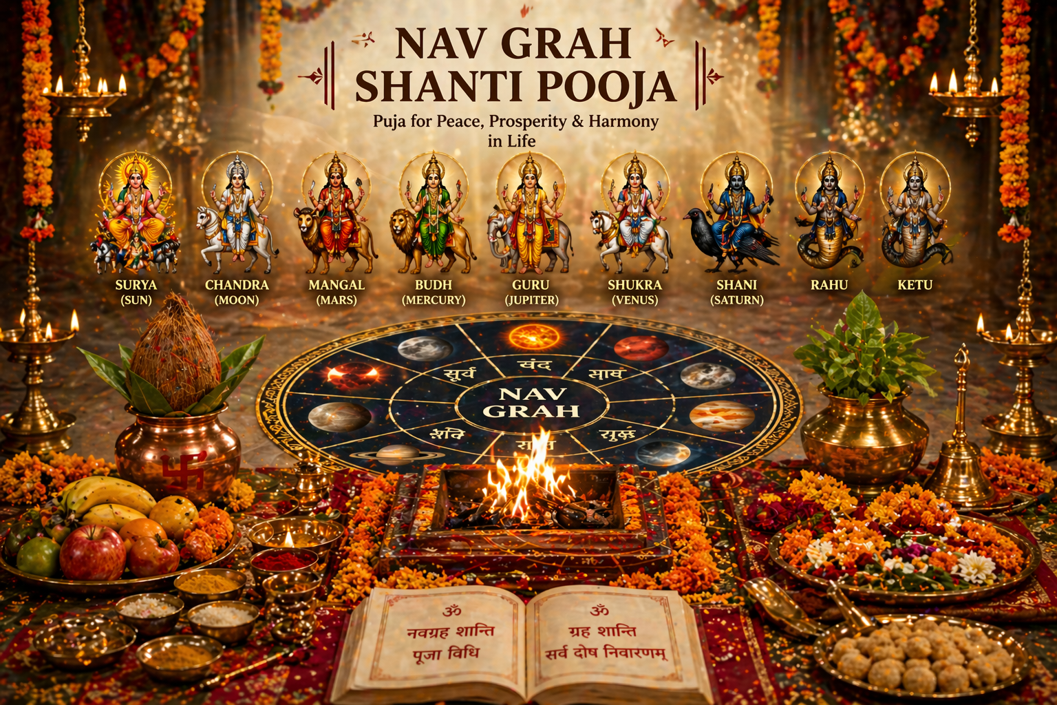 Navgrah Shanti Pooja ritual at Trimbakeshwar Temple with havan, Navgrah idols and pandit performing Navgrah Dosha Shanti puja