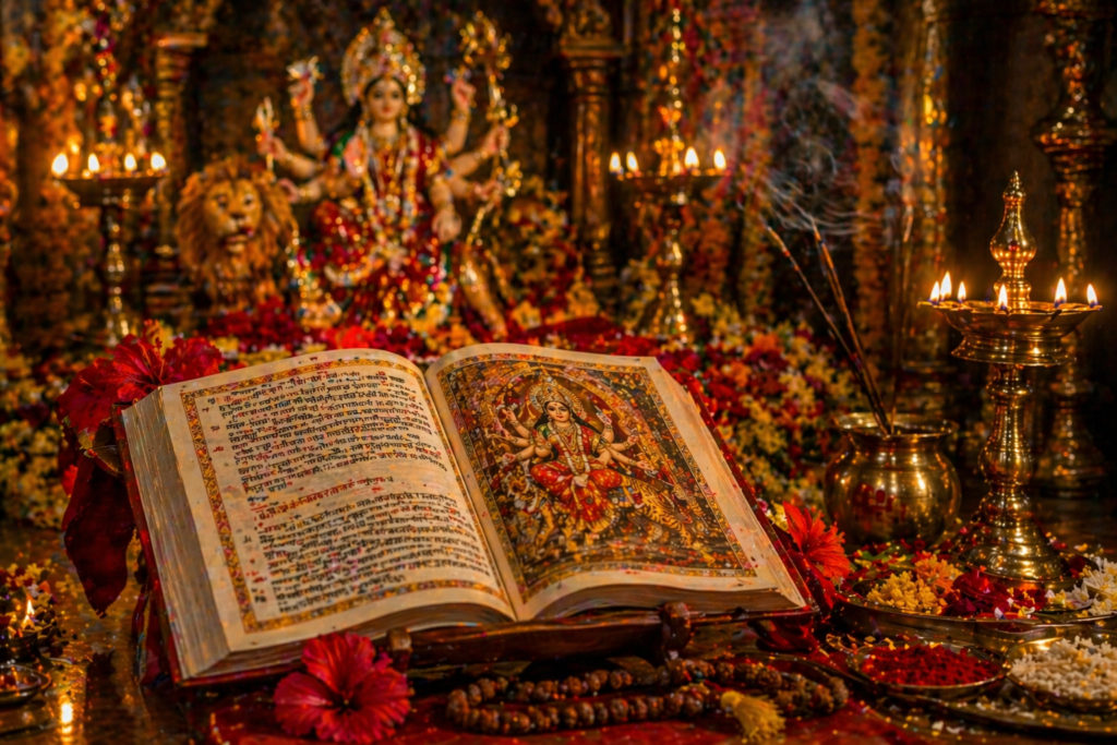 durga saptashati path trimbakeshwar chandi path durga puja book diya flowers ritual